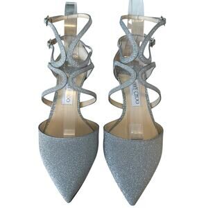 Jimmy Choo Lancer 35 Silver Glitter Pointed Toe Kitten Heel 39